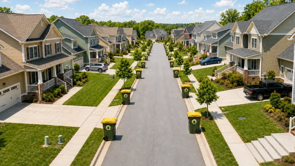 A clean neighborhood street with a HappyCan trash cart