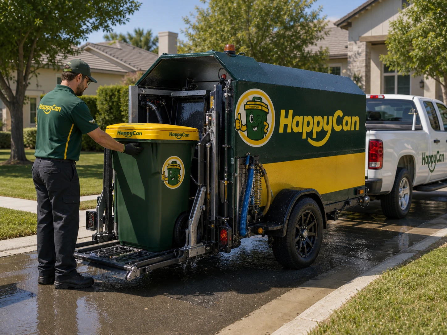 A service professional pressure washing an empty branded HappyCan cart
