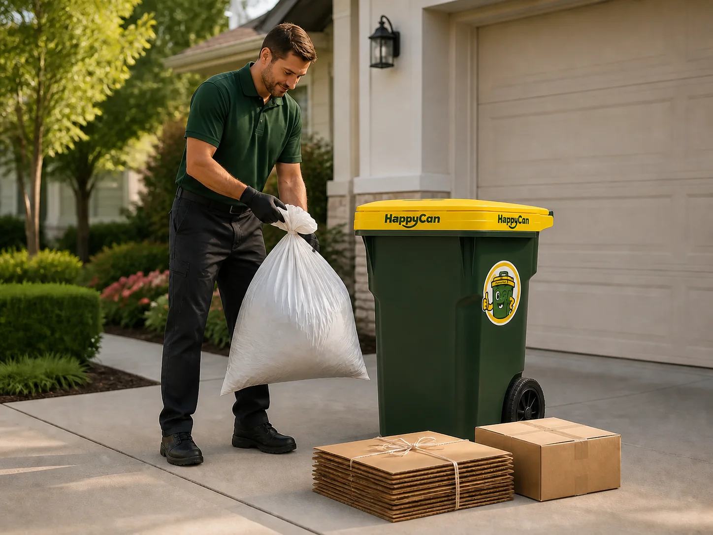 A HappyCan professional collecting a sealed extra bag beside a branded HappyCan cart