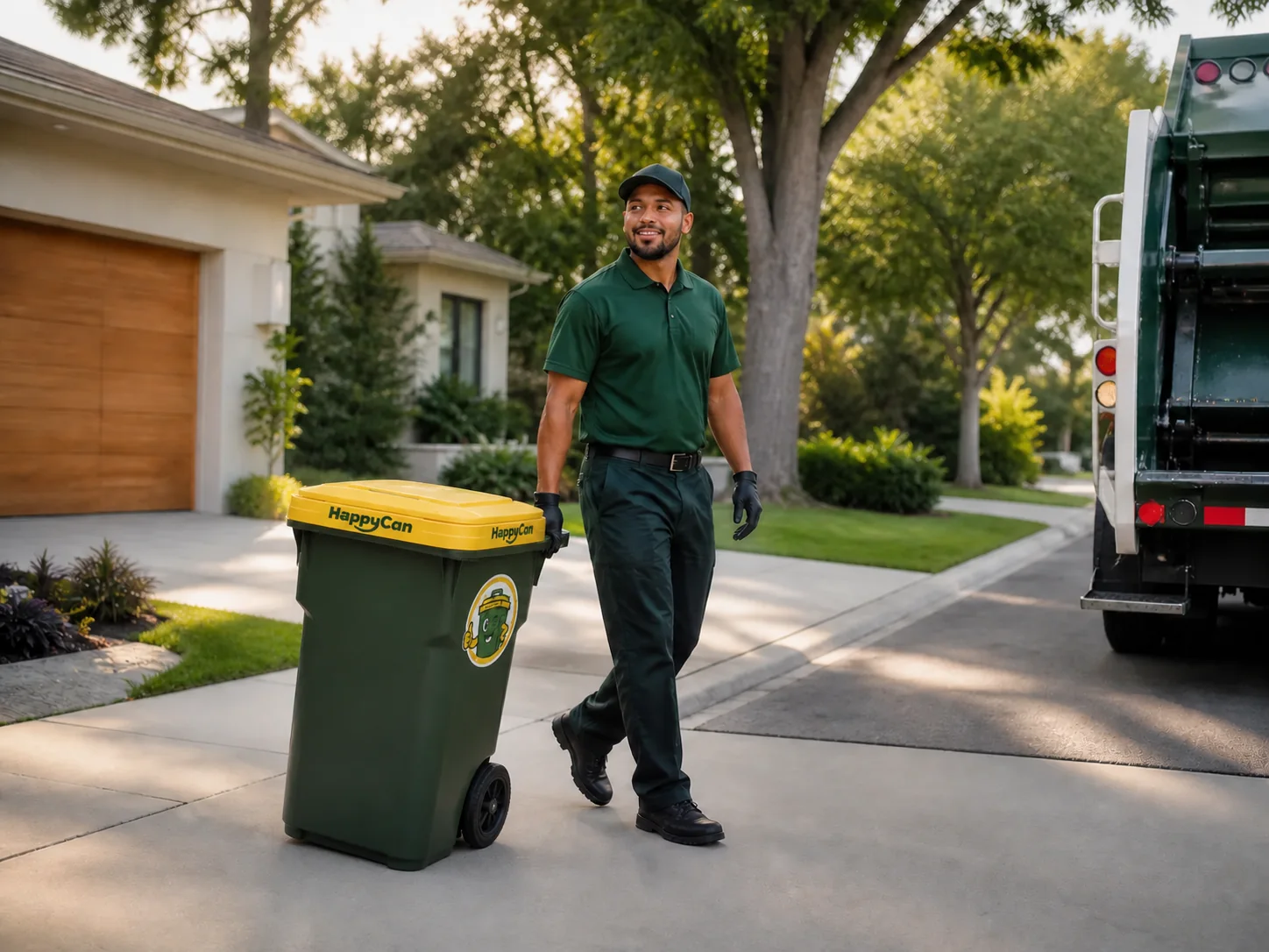 A HappyCan service professional rolling a branded HappyCan cart toward the collection truck